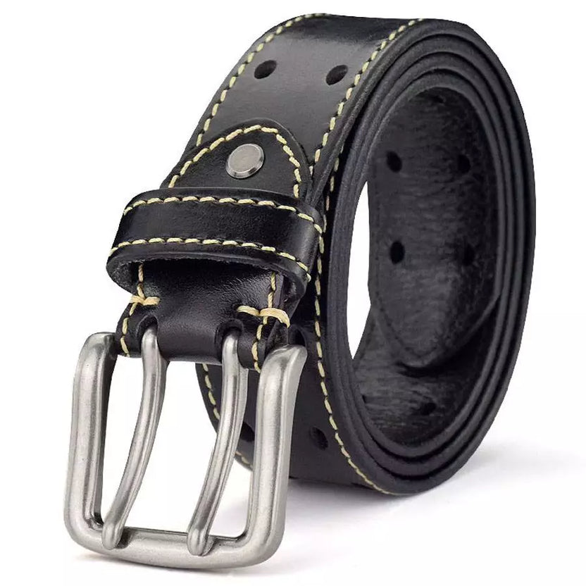 Men's Leather Double Prong Belt New Leather Belts for Men Classic Double Row Hole Belt Universal Hollowed Out Belt Jeans