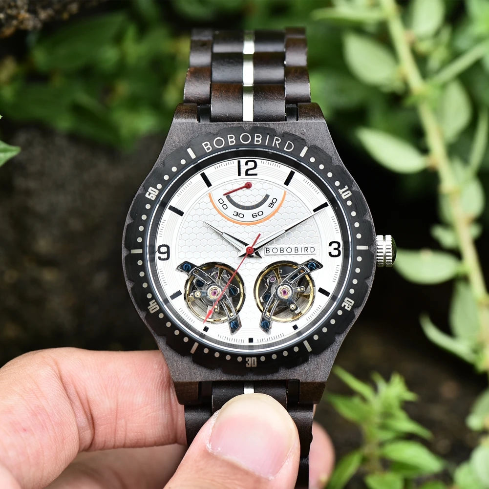 BOBO BIRD Men Mechanical Wooden Watches Double Tourbillon Movement Business Luxury Automatic Wristwatches for Men Custom
