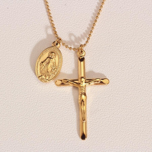 Collar con dije de moneda de la Virgen María y cruz de Jesús, joyería religiosa de acero inoxidable