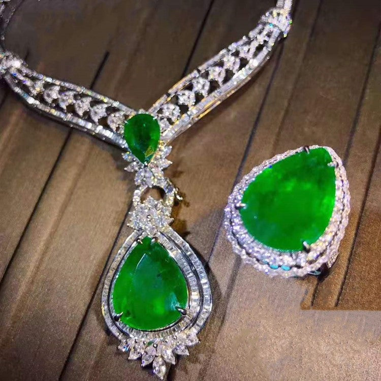 Joyería de gema preciosa para boda, personalizada, real, con precio, de oro de 18k, juego de collar y anillo con colgante de esmeralda natural verde