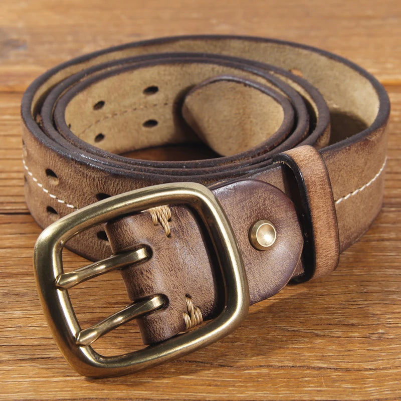 Cinturón vintage para hombre de 3.8 cm de ancho, estilo doble hebilla, 100% piel de vaca, hebilla de doble punta, cinturón resistente hecho a mano, cinturón de moda para jeans, color marrón