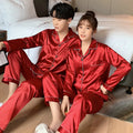 Solid Color Sleepwear Silk Satin Pajamas Couple Set Long Button-Dow