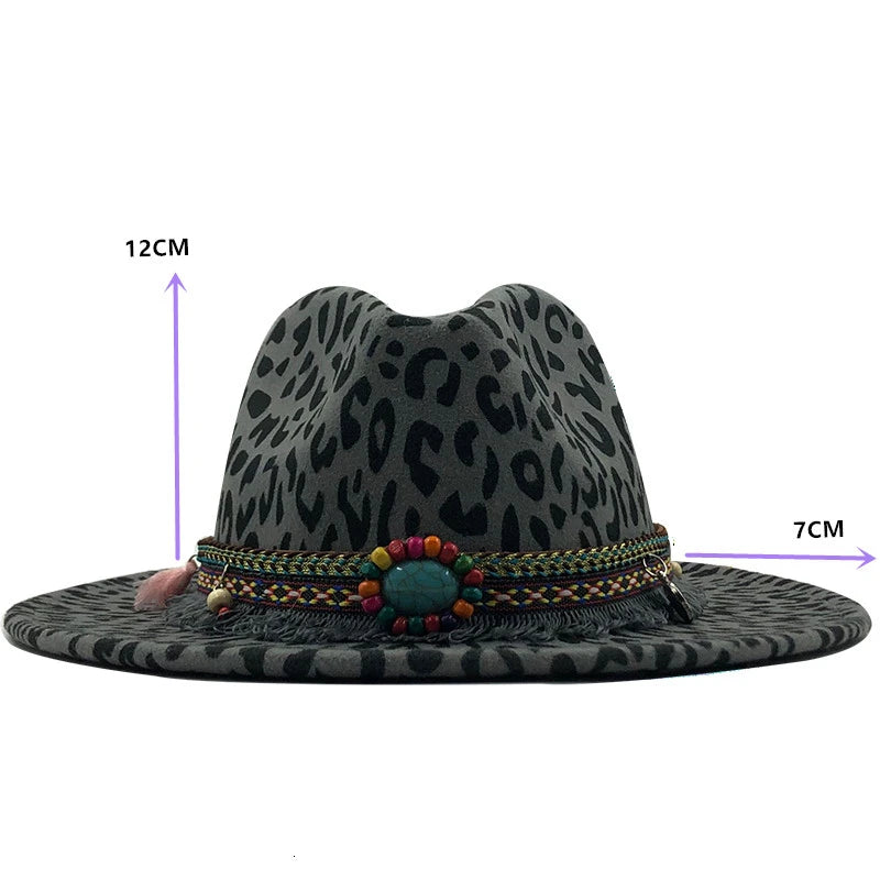 Trend Unisex Flat Brim Wool Felt Jazz Fedora Hats Men Women Leopard Grain Tassel Band Decor Trilby Panama Formal Hats 58-60cm