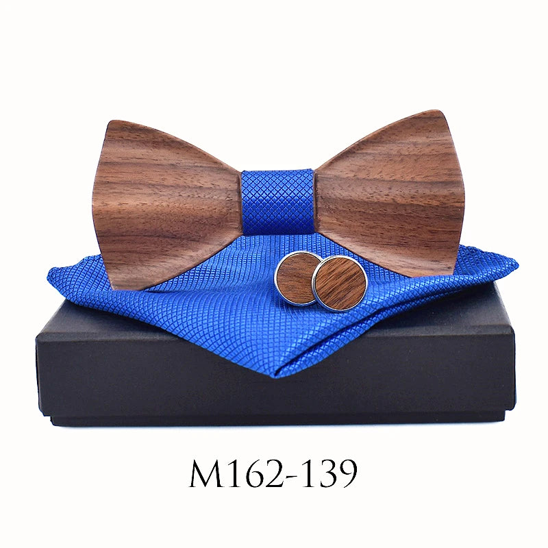 3D Wooden Bow Tie Set for Men Handmade Geometric Wedding Bowtie Pocket Square Cufflinks