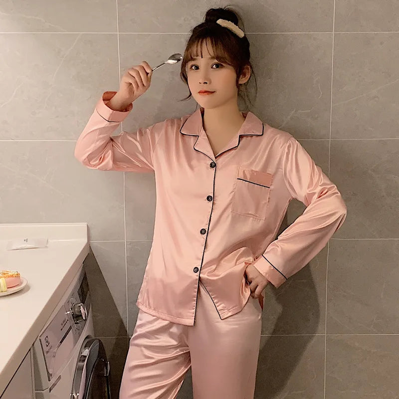 Solid Color Sleepwear Silk Satin Pajamas Couple Set Long Button-Dow