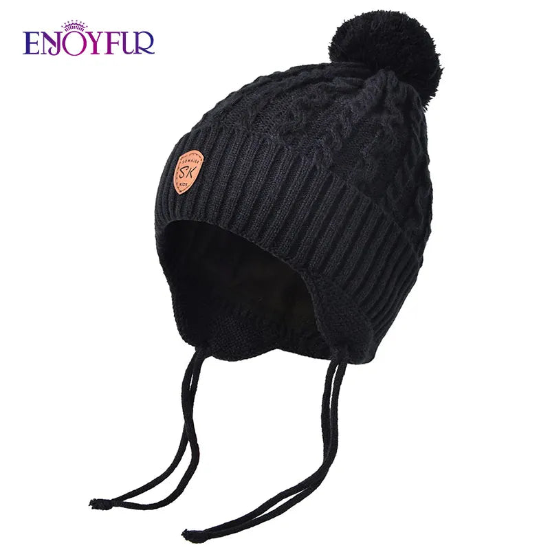 ENJOYFUR Warm Winter Baby Knitted Hats Real Fur Pompom Fleece Lined Boy Caps Cute Thick Kids Elastic Earflap Outdoor Ski Beanies