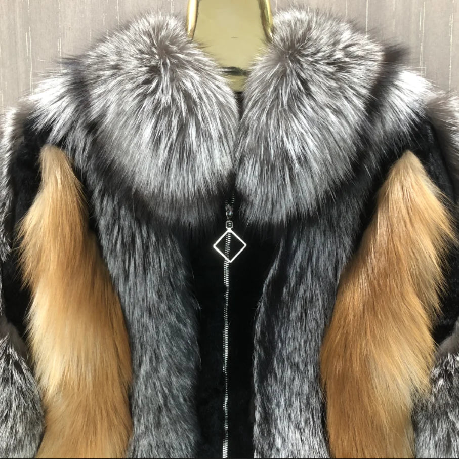 Chaqueta de piel de zorro real para mujer, cálida y elegante para el invierno