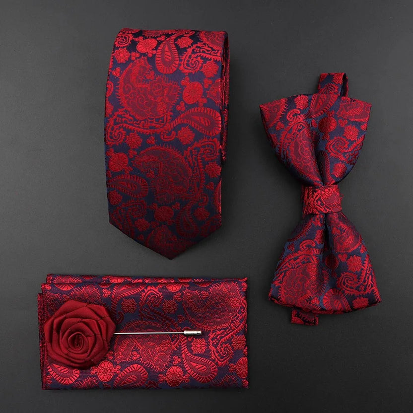 Juego de corbata y pajarita de seda de color sólido para hombre, tejido jacquard de poliéster, estilo vintage rojo azul para novio, negocios, bodas y fiestas