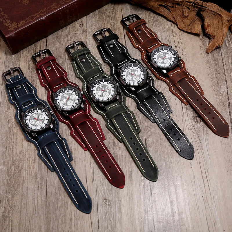Reloj de pulsera retro para hombre, correa ancha de cuero genuino, reloj de cuarzo de estilo punk a la moda, brazaletes de piel de vaca 2025