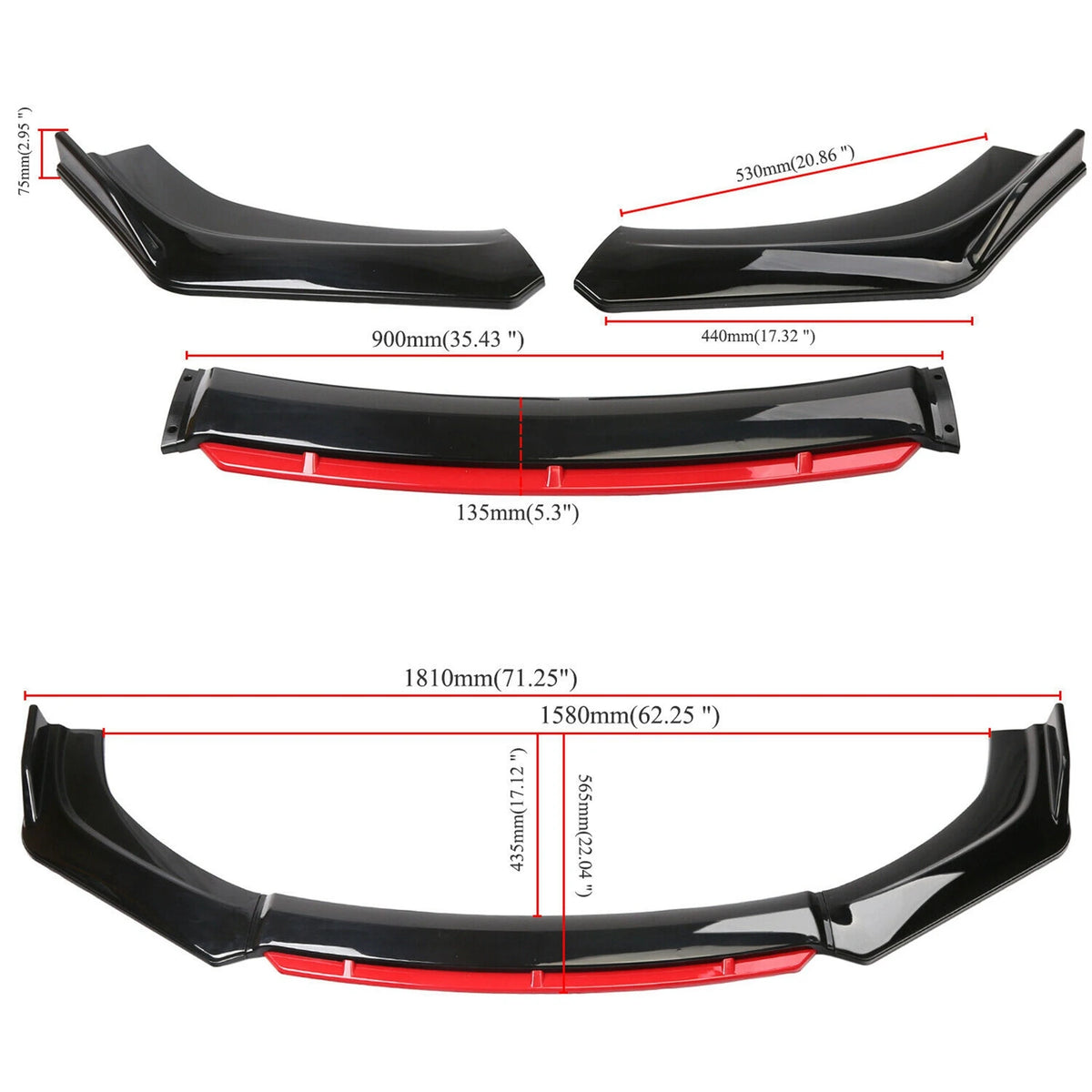 Kit de spoiler universal para parachoques delantero de coche, 4 piezas, negro brillante con detalles en rojo