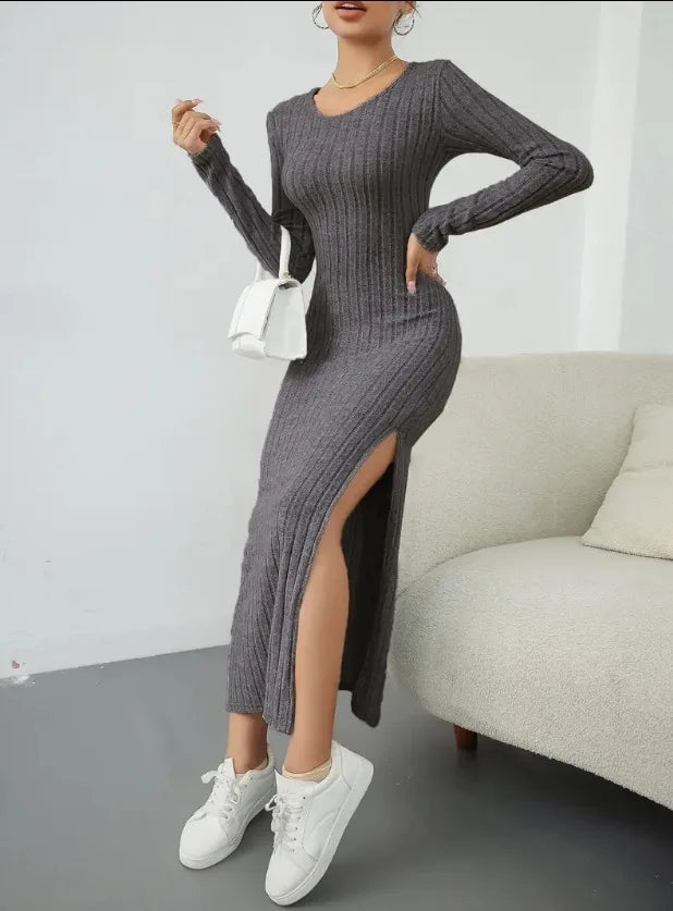 Knitted Autumn Winter Long Sleeve Midi Dress With Neck Slit