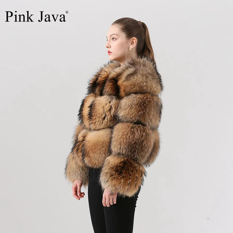 PINK JAVA QC1884 New Arrival Real Raccoon Fur Coat Women  Fur Jacket Winter Luxury Fluffy Raccoon Coats Hot Sale