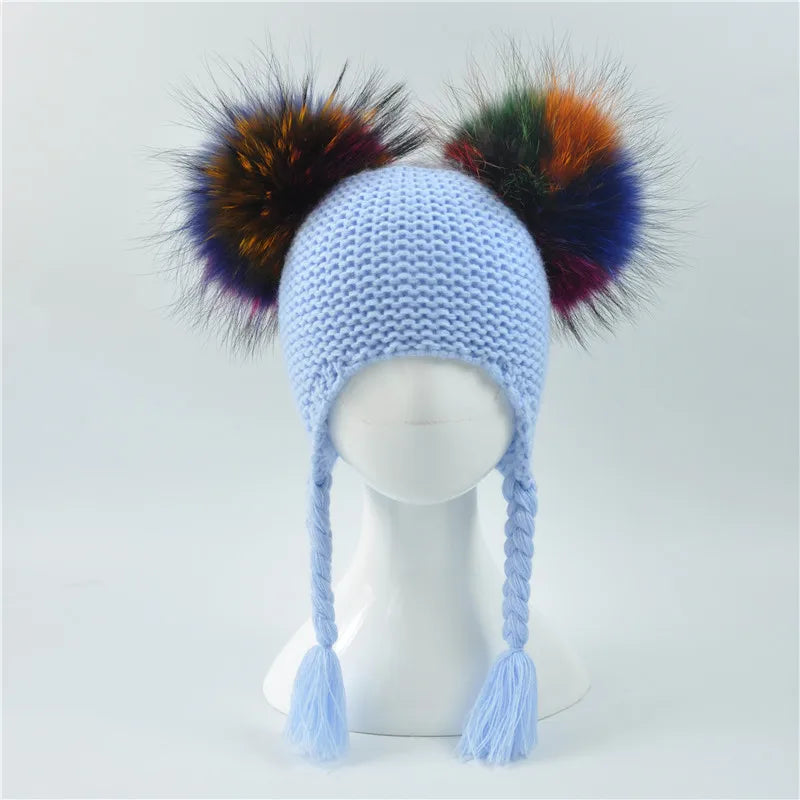 Kids Real Fur Pom Pom Hat Baby Winter Crochet Earflap Hat Girls Boys Knitted Beanie Double Two Real Fur Pompom Hat for Children