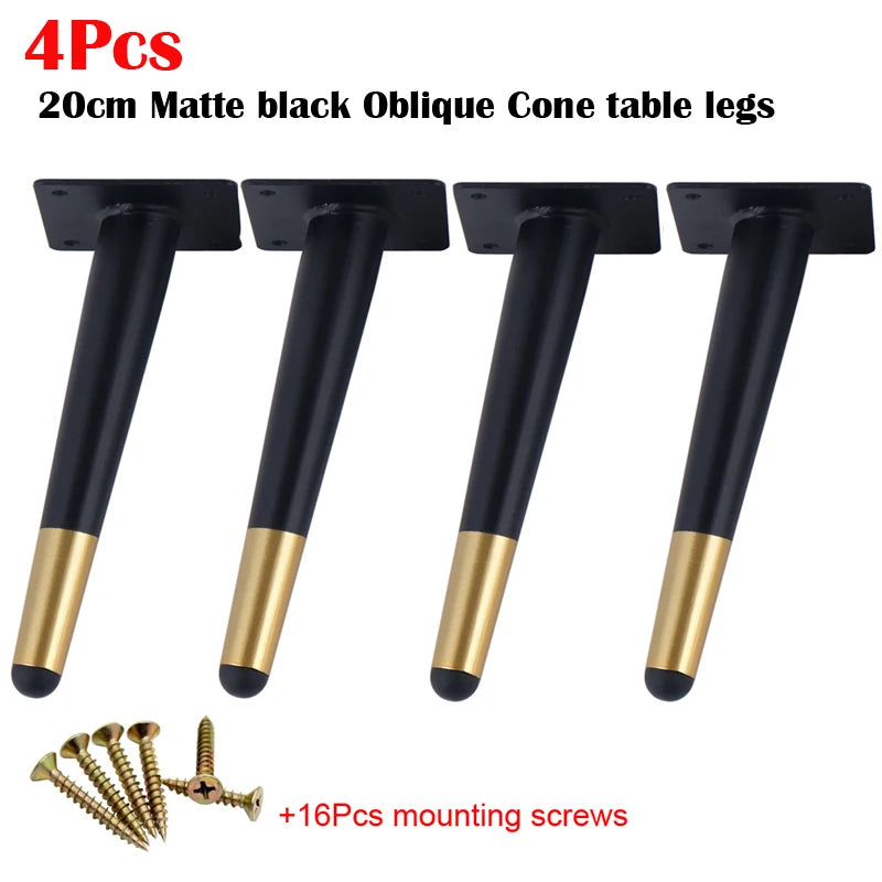 4Pcs Furniture Table Legs Black Gold Metal Tapered Feet for Sofa Cupboard Wardrobe TV Cabinet Chair 10-45cm With Mounting Screws