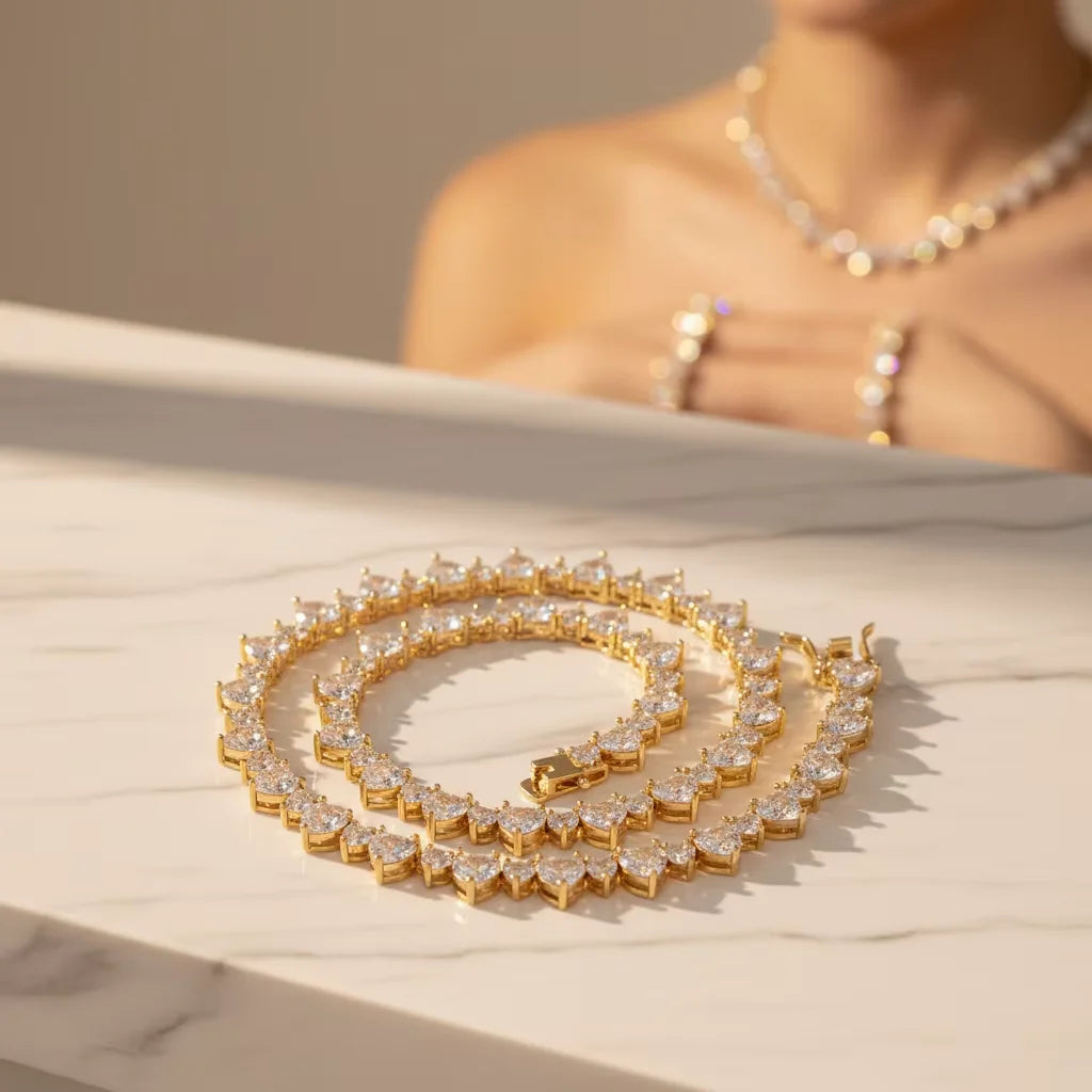 Hip Hop Brass Necklace and Bracelet Set with CZ Stones