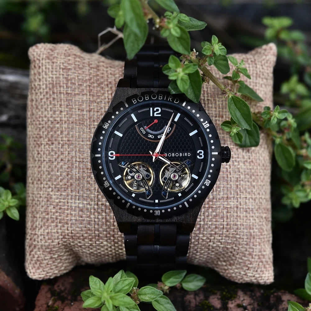 BOBO BIRD Men Mechanical Wooden Watches Double Tourbillon Movement Business Luxury Automatic Wristwatches for Men Custom