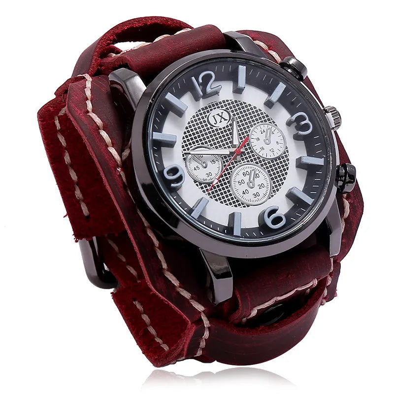 Reloj de pulsera retro para hombre, correa ancha de cuero genuino, reloj de cuarzo de estilo punk a la moda, brazaletes de piel de vaca 2025