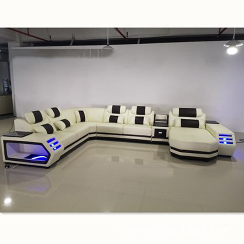 Furniture Factory Provided Living Room Sofas Modern Style Genuine Leather Sofa  U Shaped Corner Sofa Design Led Light Set Cx001