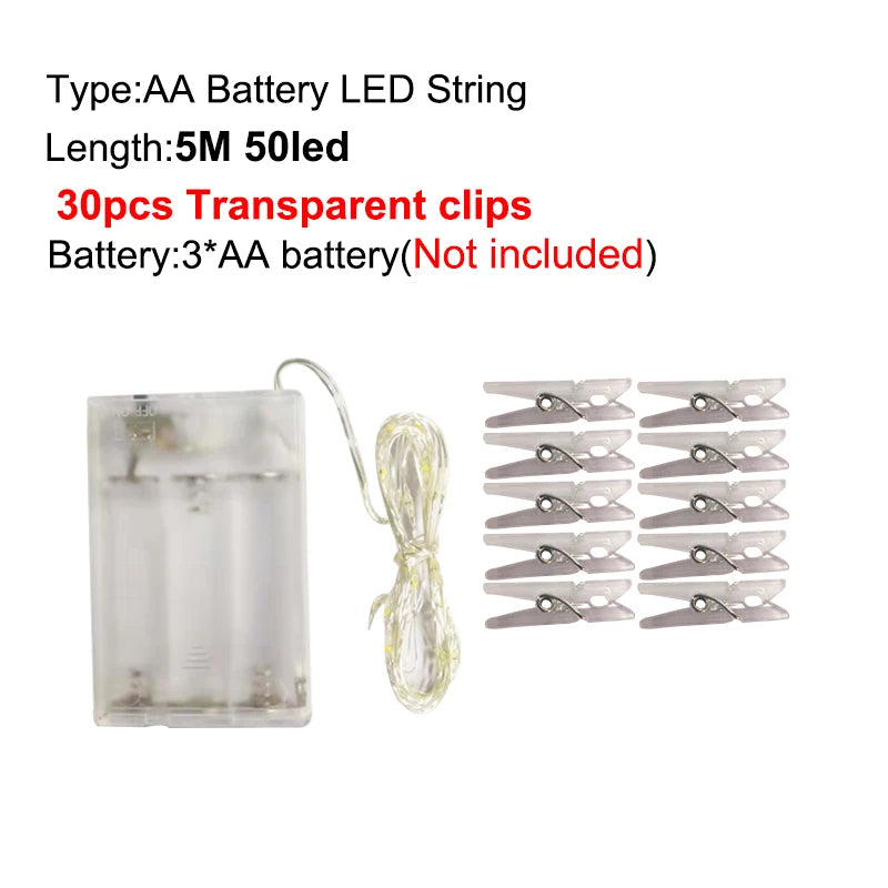 Guirnalda de luces LED con clips para fotos, 5M-10M, funcionamiento por USB o pilas