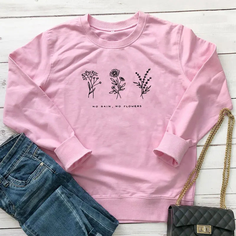 No Rain No Flowers Sweatshirts Vintage 80s Style Floral Print Hoodies Autumn Women Inspired Graphic Jumper Pullover Streetwear