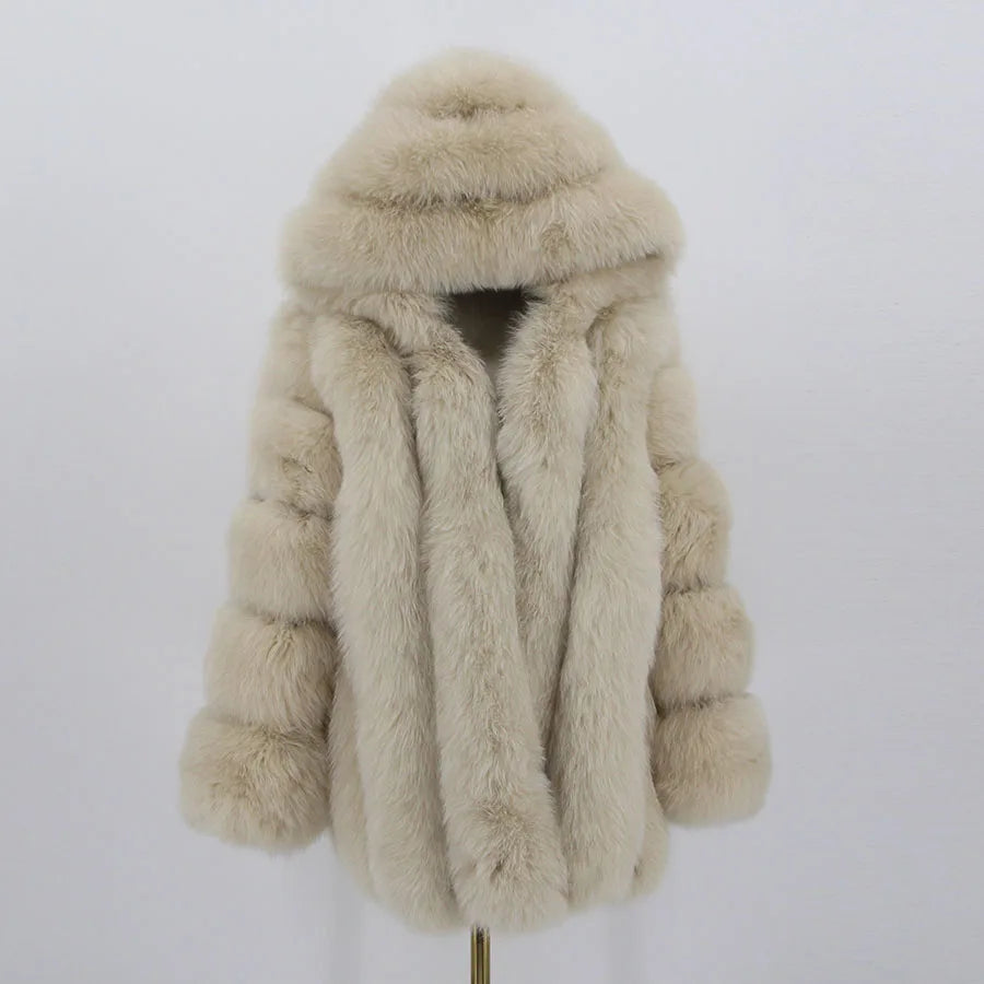 Pink Java QC8149 2018 New Model Women Real Fox Fur Coat Long Sleeves Hood Coat Genuine Fox Outfit High Quality