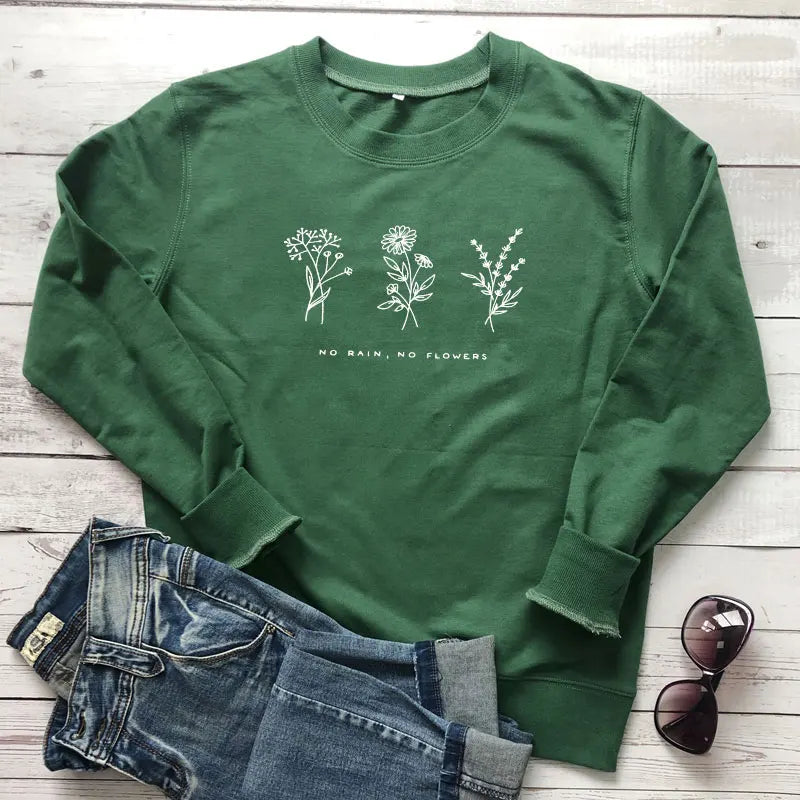 No Rain No Flowers Sweatshirts Vintage 80s Style Floral Print Hoodies Autumn Women Inspired Graphic Jumper Pullover Streetwear