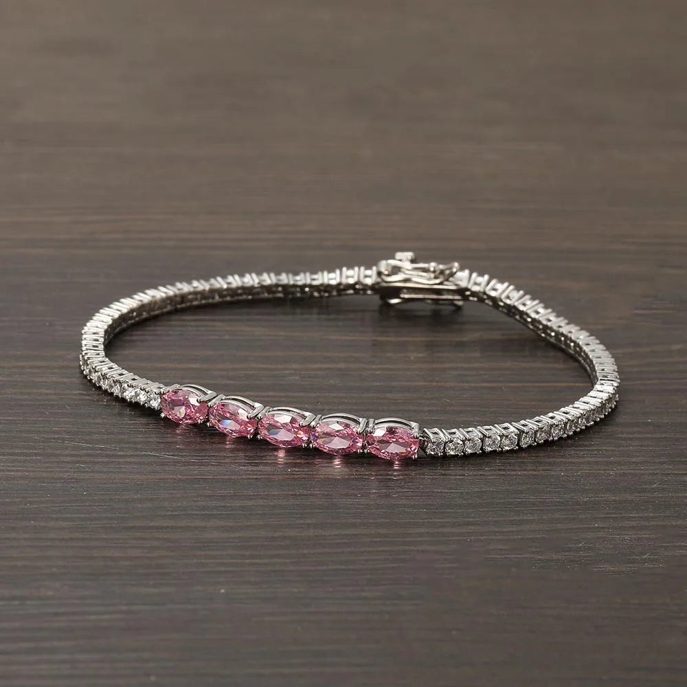 AceWings 2mm Pink and Clear CZ Geometric Tennis Bracelet Gold Plated