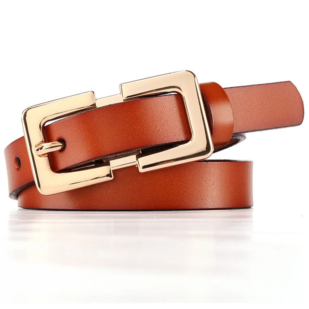 Ladies Soft Genuine Leather Belts Girls Gold Buckles Metal Female Retro Thin Belt for Women Jeans 1.5cm Wide LDFC004
