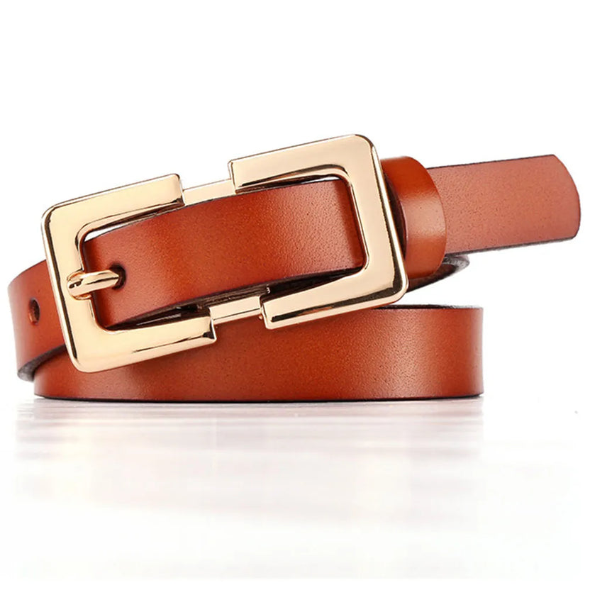 Ladies Soft Genuine Leather Belts Girls Gold Buckles Metal Female Retro Thin Belt for Women Jeans 1.5cm Wide LDFC004