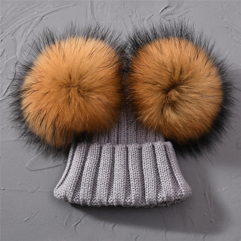 Gorro de punto para bebé de invierno con dos pompones de piel, gorro con bolas de piel natural para niños y niñas, gorro infantil con doble pompón de piel real