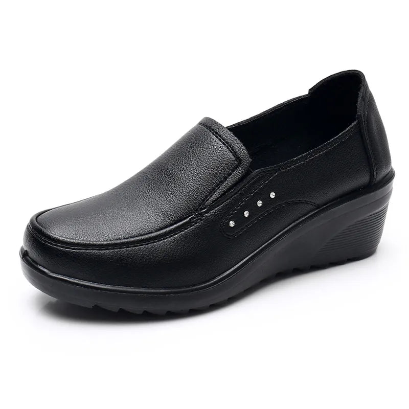BEYARNE  Spring Autumn Women's Fashion Pumps Shoes Woman Genuine Leather Wedge Single Casual Shoes Mother High Heels shoesE175