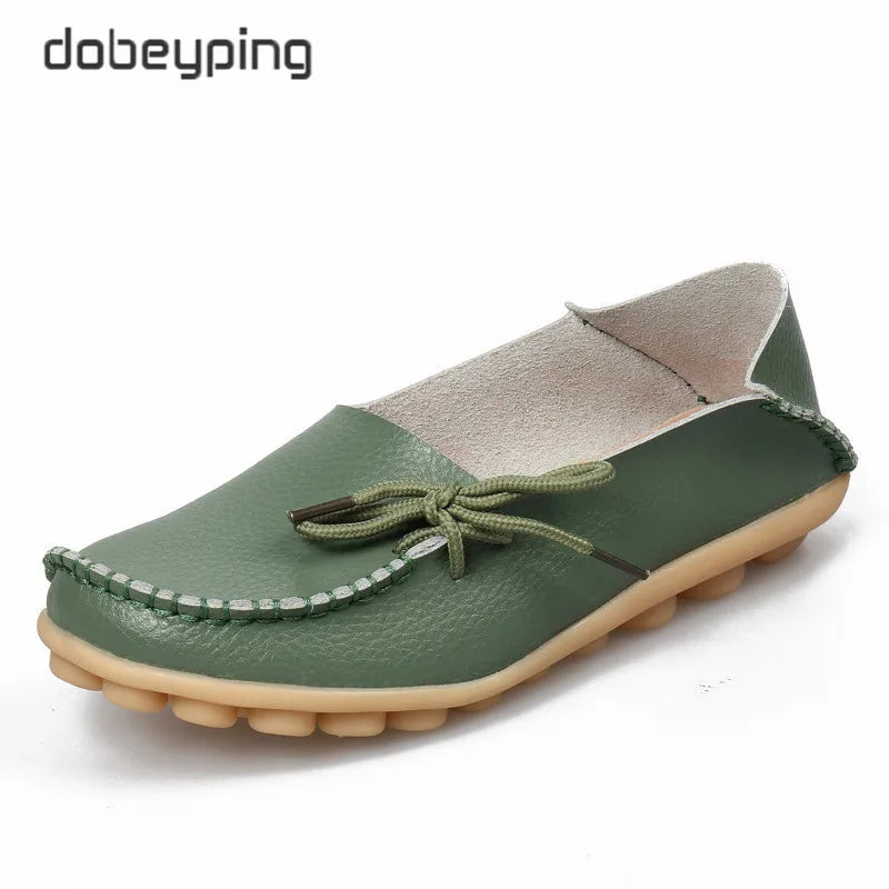 New Moccasins Women Flats 2026 Autumn Woman Loafers Genuine Leather Female Shoes Slip on Ballet Bowtie Women's Shoe Size 35-44