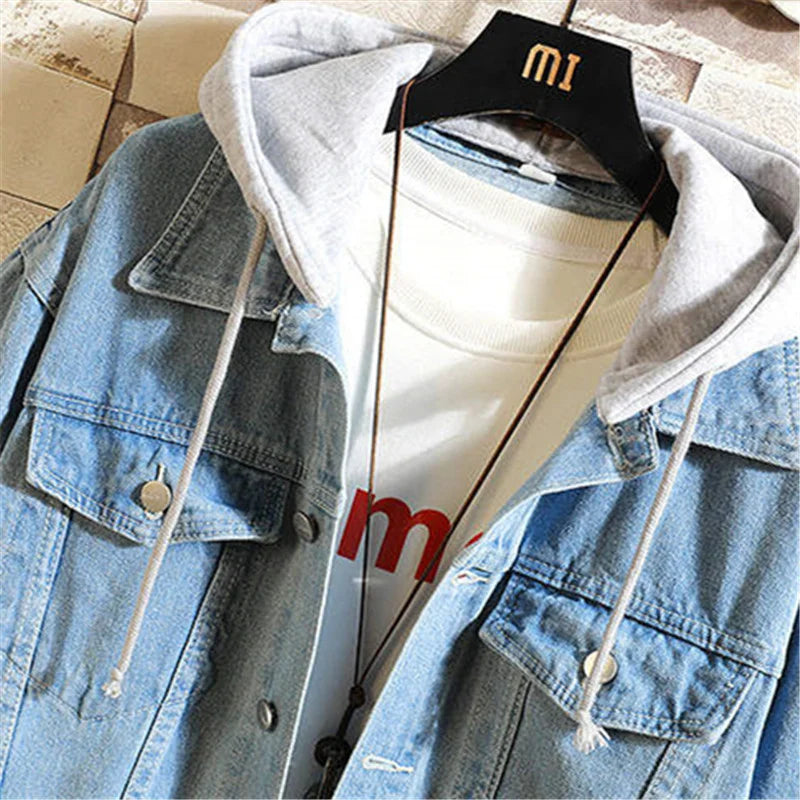 Chaqueta vaquera con capucha para hombre, estilo casual, chaqueta de mezclilla urbana, color sólido, cuello vuelto, abrigo de mezclilla con capucha desmontable.
