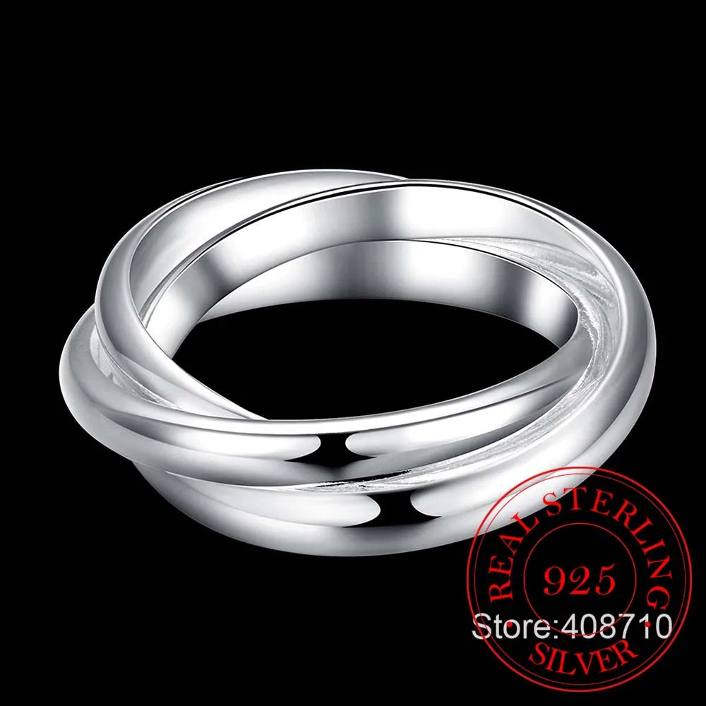 Nuevos y hermosos anillos de moda de plata de ley 925, tres círculos, joyería de plata.