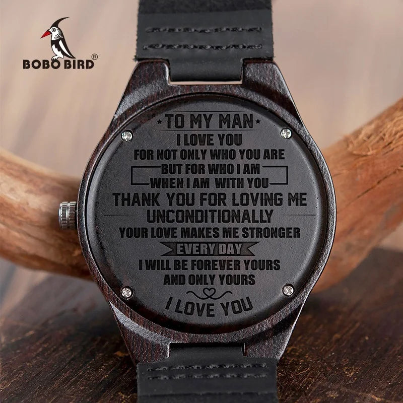 BOBO BIRD Wooden Quartz Watch for Men with Leather Band and Custom Engraving