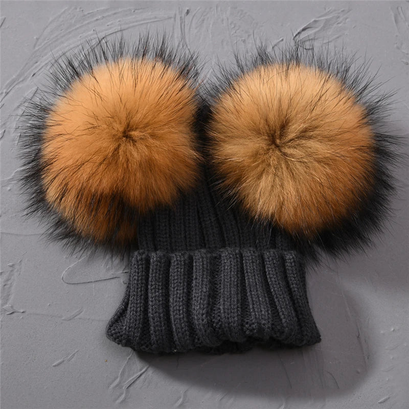 Gorro de punto para bebé de invierno con dos pompones de piel, gorro con bolas de piel natural para niños y niñas, gorro infantil con doble pompón de piel real