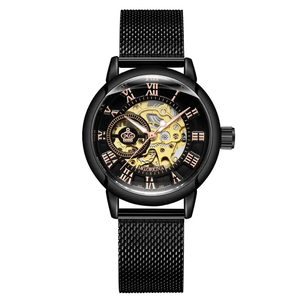 Damski zegarek automatyczny ORKINA typu skeleton, elegancki model w kolorze różowego złota na bransolecie typu mesh ze stali nierdzewnej / pasku skórzanym