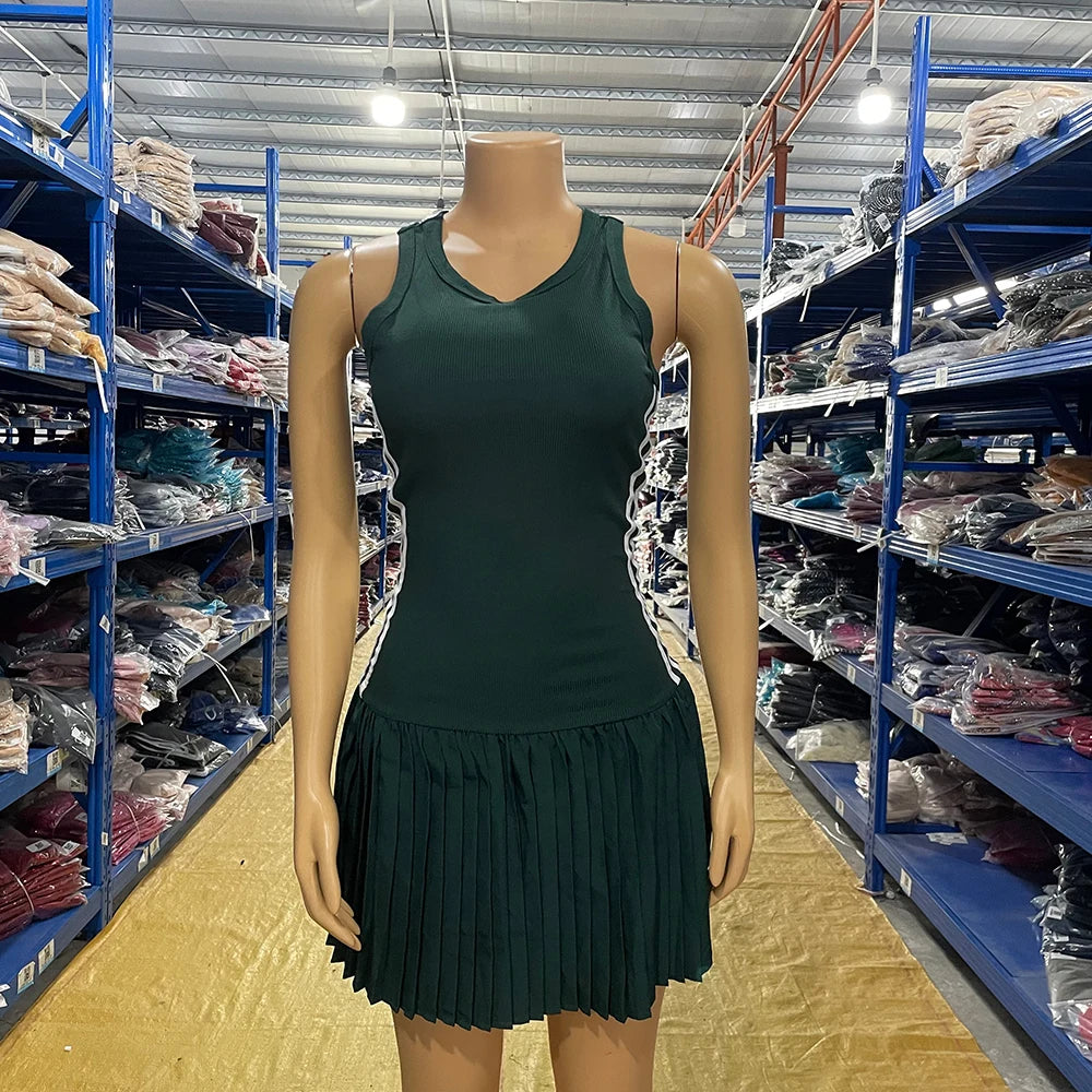 Sleeveless Mini Dress with Ribbed Texture and Pleated Skirt for Women