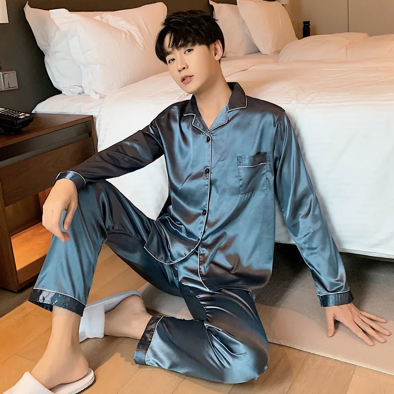 Solid Color Sleepwear Silk Satin Pajamas Couple Set Long Button-Dow