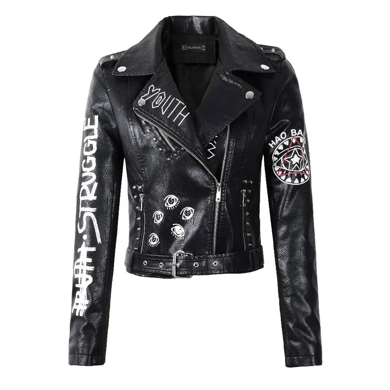 2024 New Autumn Women Winter Faux Soft Leather Jackets Coats Lady Black PU Rivet Zipper Epaulet 3D Print Motorcycle Streetwear