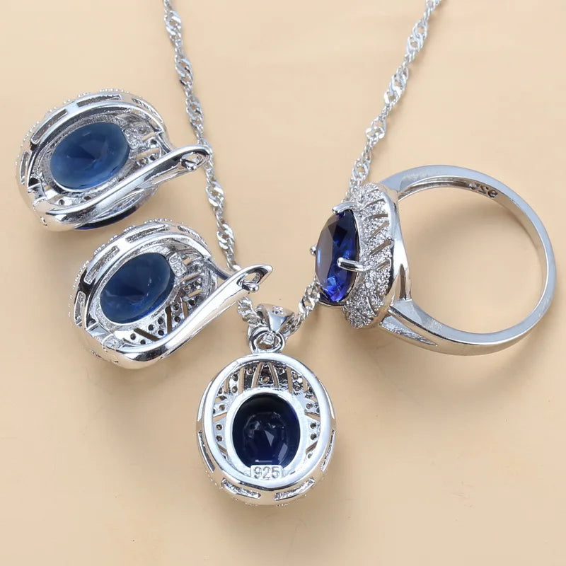 Smyckesset med safir för kvinnor, halsband med halo-hänge, örhängen och ring i 925 sterling silver, present med blå ädelsten för bröllopsfest