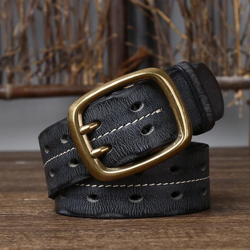 Cinturón vintage para hombre de 3.8 cm de ancho, estilo doble hebilla, 100% piel de vaca, hebilla de doble punta, cinturón resistente hecho a mano, cinturón de moda para jeans, color marrón
