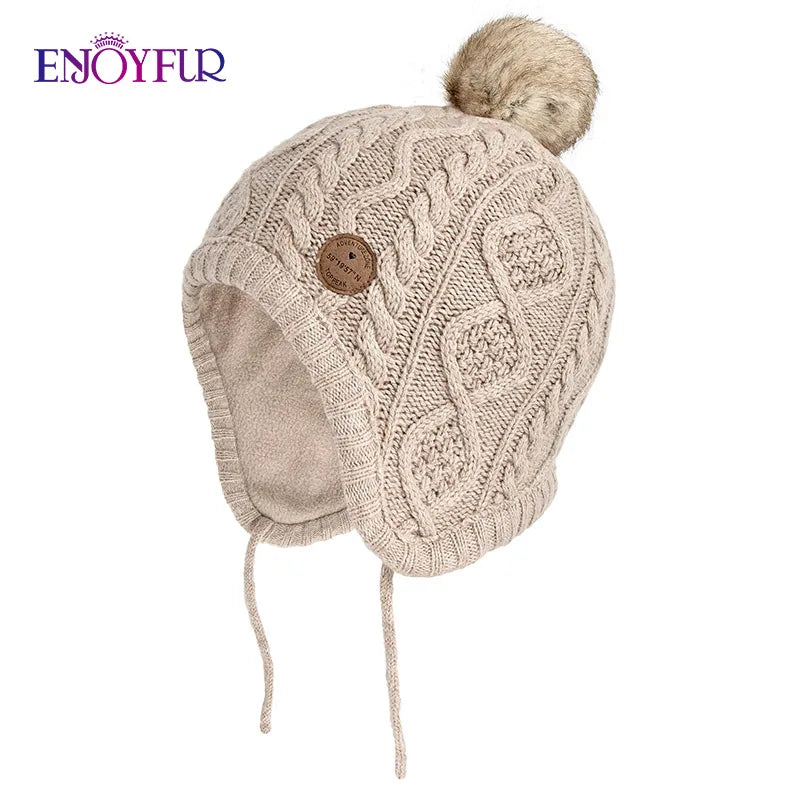 Gorro de punto de invierno ENJOYFUR para niños y niñas con pompón de piel de zorro natural, gorro cálido y grueso con orejeras para bebé