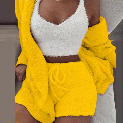 Knit Sleepwear Pajamas for Women's Lingerie 3 Piece Set