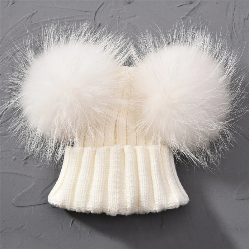 Gorro de punto para bebé de invierno con dos pompones de piel, gorro con bolas de piel natural para niños y niñas, gorro infantil con doble pompón de piel real