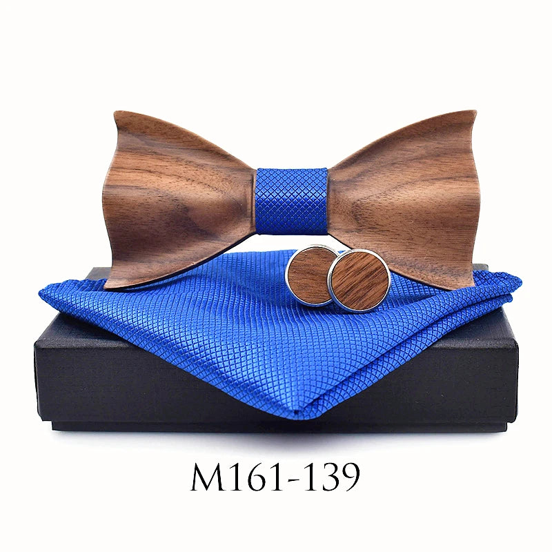 3D Wooden Bow Tie Set for Men Handmade Geometric Wedding Bowtie Pocket Square Cufflinks