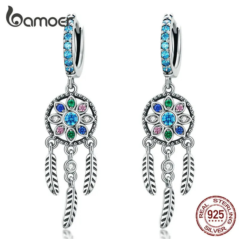 Pendientes colgantes BAMOER de plata de ley 925 con diseño de atrapasueños bohemio para mujer, estilo boho, joyería de moda, 2 colores