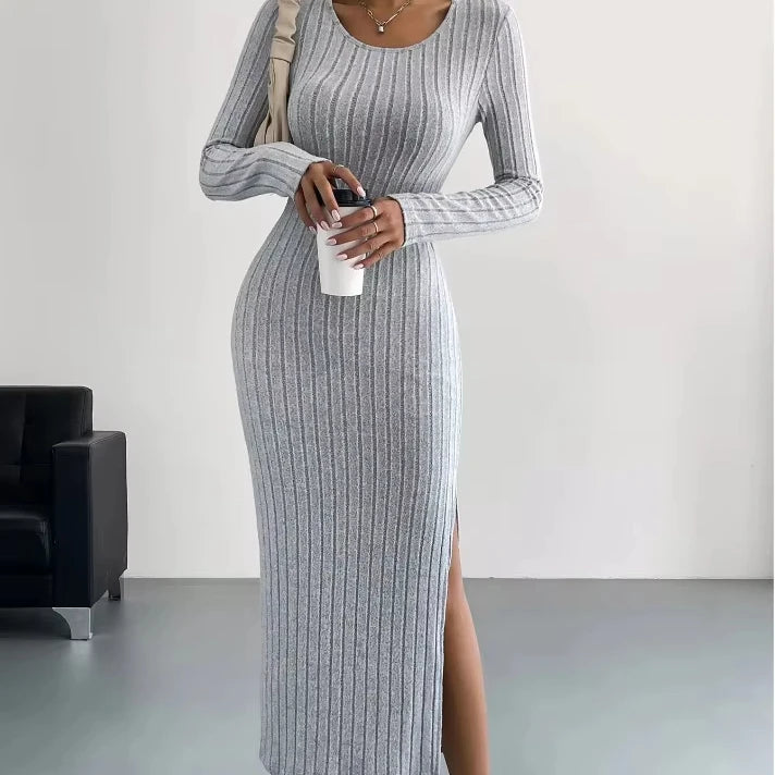 Knitted Autumn Winter Long Sleeve Midi Dress With Neck Slit