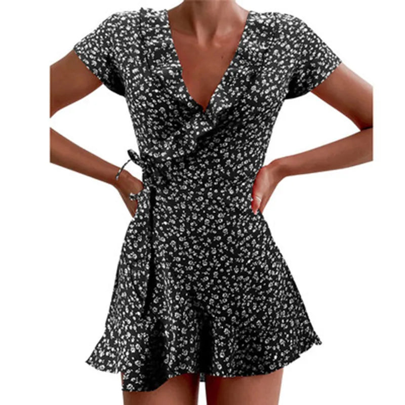 Summer Women’s Floal A-Line Dress Sweet Elegant Floral Ruffles V-Neck Bandage Short Dress for Lady Chic Flowers Mini Dress