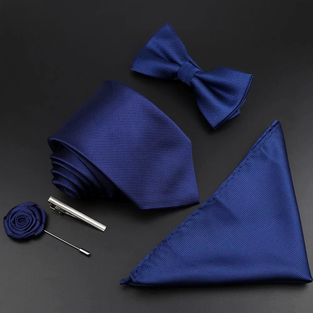 New Solid Color Silk Men Tie Set Polyester Jacquard Woven Necktie Bowtie Suit Vintage Red Blue for Groom Business Wedding Party